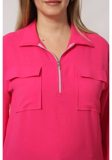 Moda Berray 3055 Yaka Fermuarlı Yandan Yırtmaçlı Gömlek Pembe