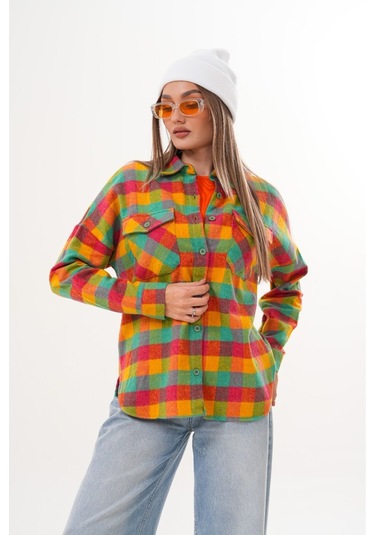 Kadın Desen Bloklu Oduncu Oversize Bol Ve Geniş Kalıp Casual Cepli Yakalı Ceket Gömlek Sarı