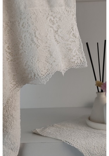 Gipür Dantelli Banyo Havlusu Takımı-%100 Pamuk Banyo Seti-gelin Havlusu Krem Krem