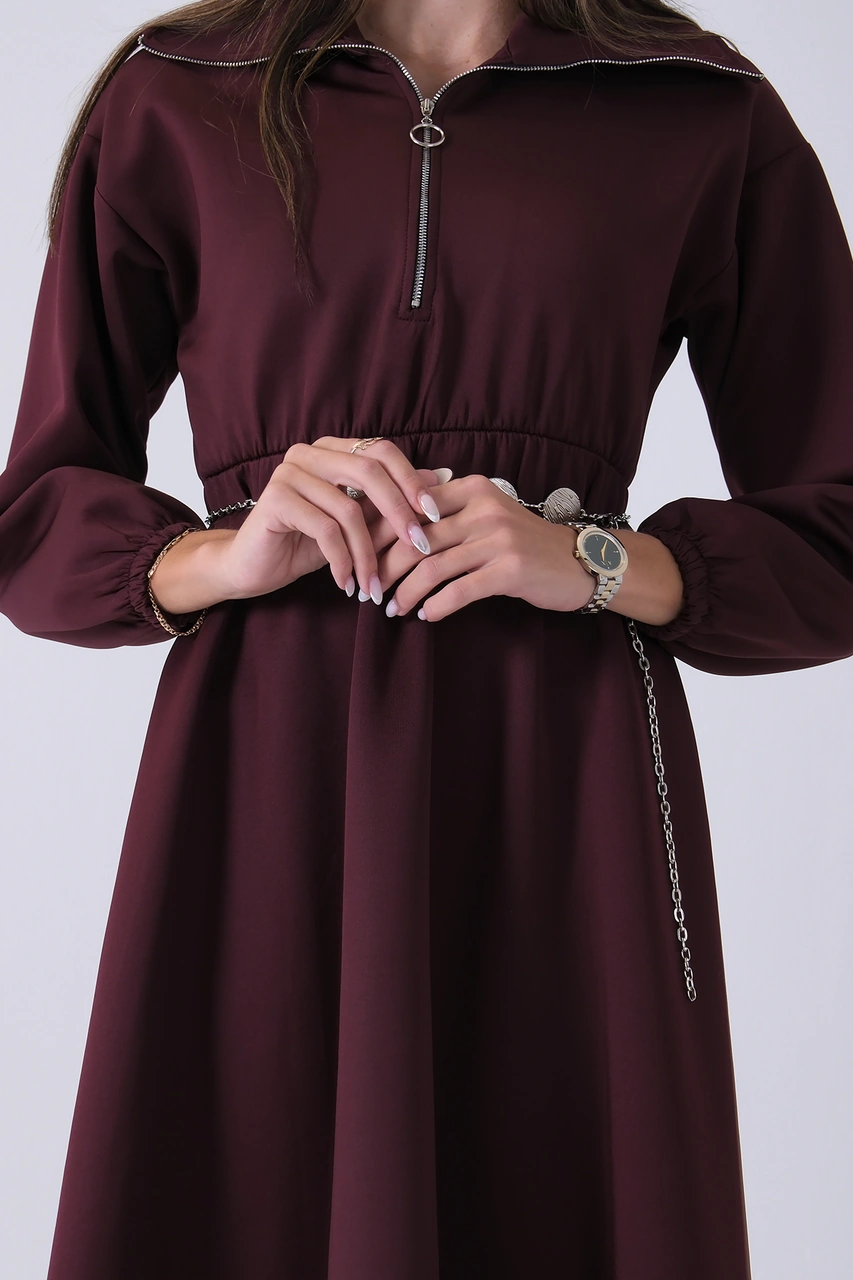 Feminist Bordo Yaka Fermuar Detaylı Bel Ve Bileği Lastikli Kemerli Scuba Elbise 4593455.04 Bordo