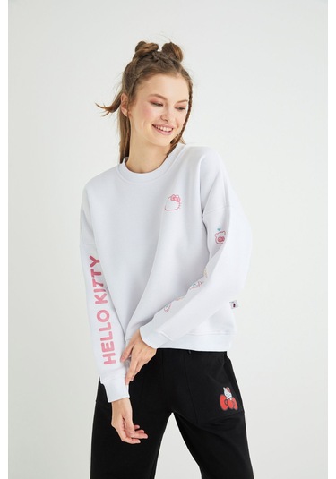 Hello Kitty Lisanslı Baskılı Kalın Oversize Beyaz Sweatshirt Renkli