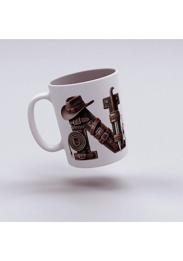 N Harfi Kovboy Temalı Bardak 330 Ml İsim / Harf Kişiye Özel Hediye - Vahşi Batı Konsept Beyaz