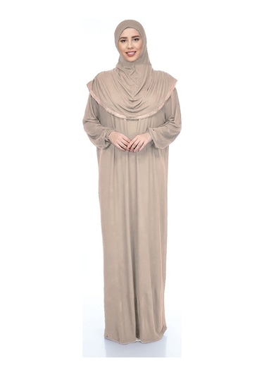 Bej Düz Renk Pamuklu Kumaş Başörtülü Namaz Elbisesi Kahverengi