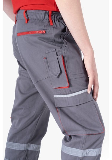 Körüklü Çift Komando Cepli Pantolon Gri - Kırmızı