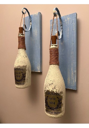 Tıpa Peri Led Işıklı Mavi Eskitme Ahşap Buzlu Cam Şampanya Şişesi Çok Renkli