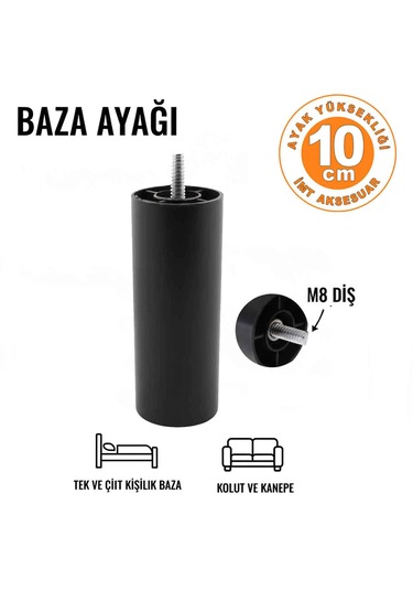 İmt Aksesuar10 Cm M8 Diş Silindir Mobilya Koltuk Kanepe Baza Ayağı Siyah