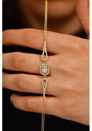 Roza Silver Zirkon Taşlı Gold 3 Sıra Baget Gümüş Bileklik