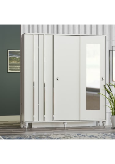 Vilza Sürgü Kapaklı Aynalı Portmanto Vestiyer Beyaz - Gümüş