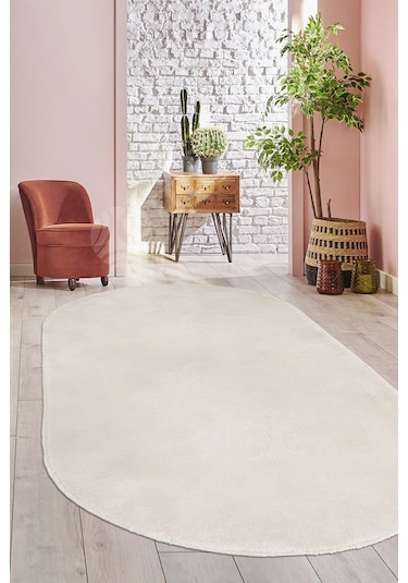 Krem Fluffy Oval Post Peluş Halı Antibakteriyel Kaymaz Taban