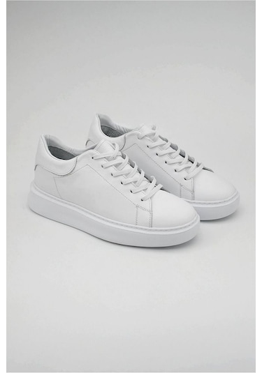 Mela Erkek Hakiki Deri 7 Cm Boy Uzatan Beyaz Spor Ayakkabı Beyaz