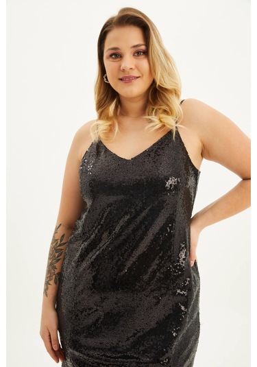 Astarlı Payetli İp Askılı Yırtmaçlı Elbise-1686 Siyah