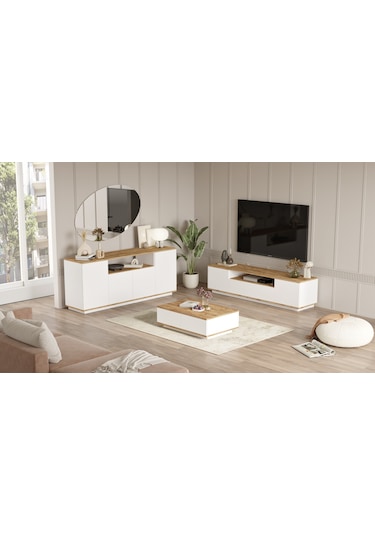 Robin Home Loft Tv Ünitesi Orta Sehpa Konsol 3'Lü Set Çam-Beyaz
