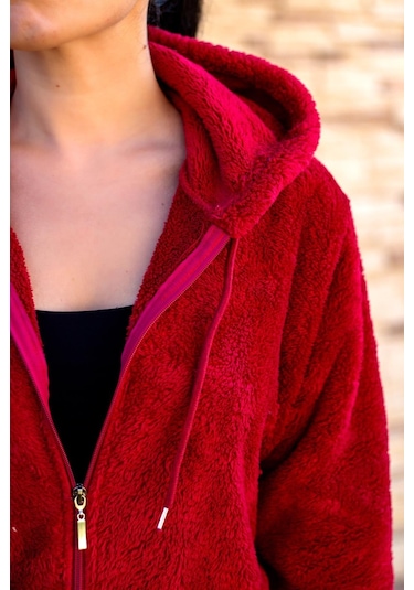 Kadın Kırmızı Peluş Yumoş Fermuarlı Kapüşonlu Cepli Welsoft Ceket 22kckteres 001