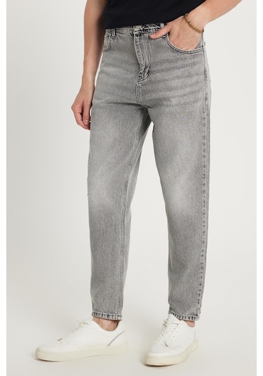 Erkek Relax Fit Geniş Kesim Boru Paça Denim Yıkamalı Taşlamalı Esnek Gri Jean Kot Pantolon-34488 Gri