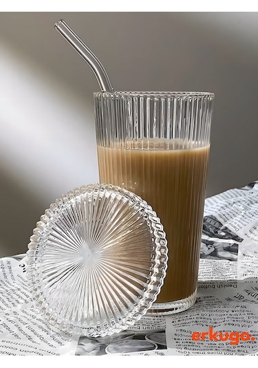 Erkugo Cam Kapaklı Pipetli Borosilikat Isıya Dayanıklı Sunum Bardağı Kahve Bardağı 400 ML Latte