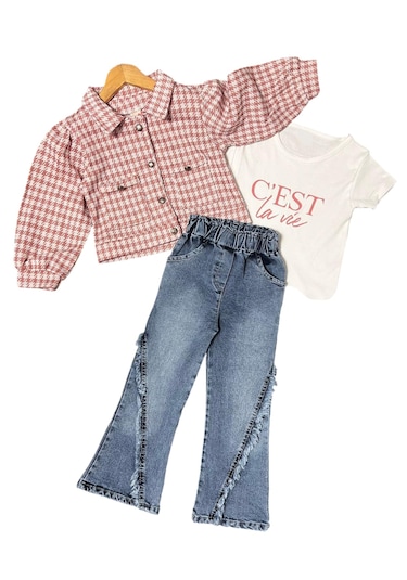 Kız Çocuk Kazayağı Desenli Pantolonu Püskül Detaylı Ceketli Takım Çok Renkli