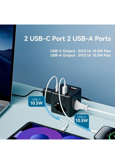 Xuweiwei Siyah 1.5 Metre Uzatma Kablosu 3 Ac Çıkışlı 2 Usb Portlu 2 Type-c Portlu Zamanlayıcılı 7si 1 Arada Ab Güç Şeridi Ev Ofis Seyahat İçin