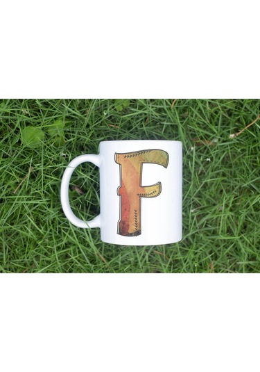 F Harf Yaprak Renkleri İle Kupa Bardak - Kişiye Özel Alfabe Harfli Bardak - Hediye Beyaz