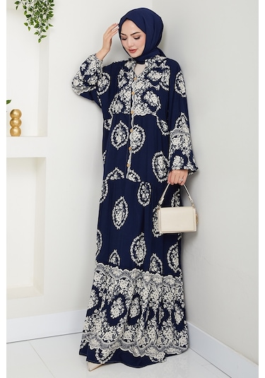 Giral Dokuma Viskon Elbise 1543 - Lacivert Lacivert