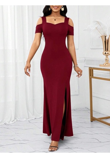 Kadın Omuzlardan Açık Askılı Yırtmaç Detaylı Uzun Ithal Krep Elbi Bordo
