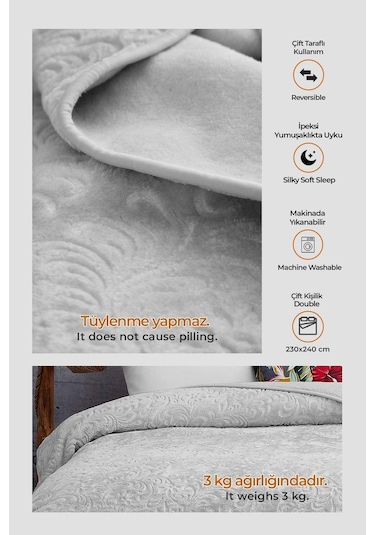 Evlen Home 3 Kg Embos Baskılı Pamela Kalın Çift Kişilik Battaniye 230x240 Cm Gri Gri