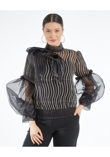 Desenli Transparan Kadın Bluz - Fiyonk Detaylı - Balon Kollu - Modern Ve Şık Tasarım - Özel Gün Ve Davet İçin Bluz Siyah