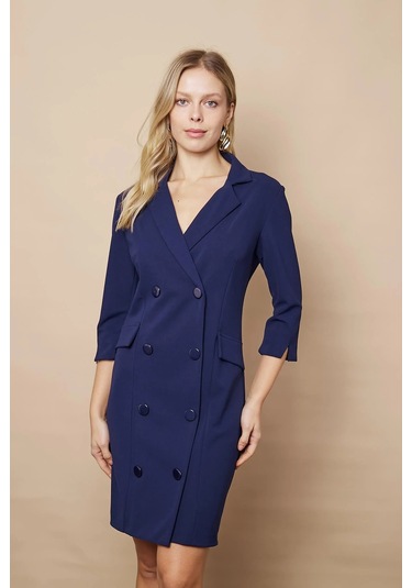 Yakalı Sırt Dekolteli Anvelop Truvakar Kol Likralı Krep Kumaş Düğmeli Ceket Elbise-lacivert Lacivert