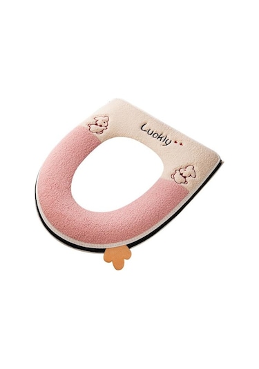 Pembe Klozet Kapağı Kalınlaşmış Yumuşak Şanslı Karikatür Tavşan Fermuar Kapatma Su Geçirmez Dört Mevsim Evrensel Banyo Klozet Isıtıcı Yastık Pedi