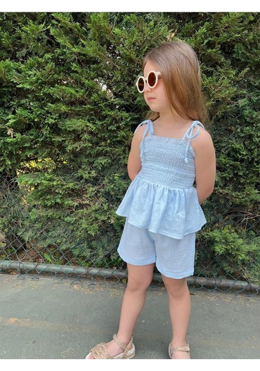 Müslin Kumaş Şortlu Kız Çocuk Takım Mavi