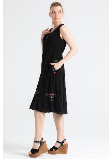 Kolsuz Şile Bezi Mehtap Midi Boy Elbise Siyah Syh-siyah