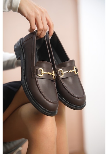 Garantili Horse Kadın Zincirli Loafer Günlük Ayakkabı Kahverengi