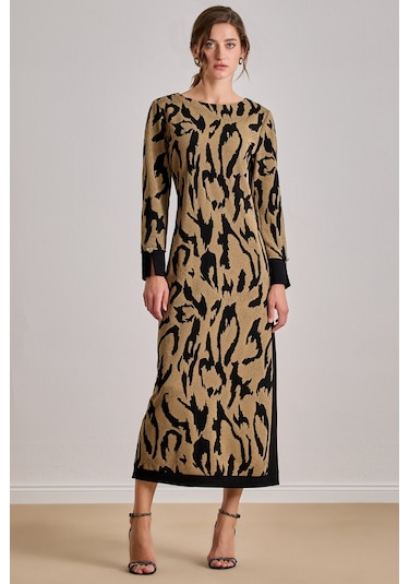 Maxi Çok Renkli Jakarlı Elbise Çok Renkli