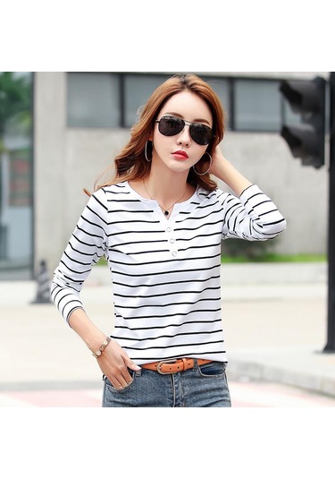 Pamuklu Tişört Kadın Uzun Kollu Çizgili T Gömlek İlkbahar Sonbahar Kadın Giyim Gömlek Bluz Tops Beyaz Pamuklu Tişört Kadın Uzun Kollu Çizgili T Gömlek İlkbahar Sonbahar Kadın Giyim Gömlek Bluz Tops Beyaz