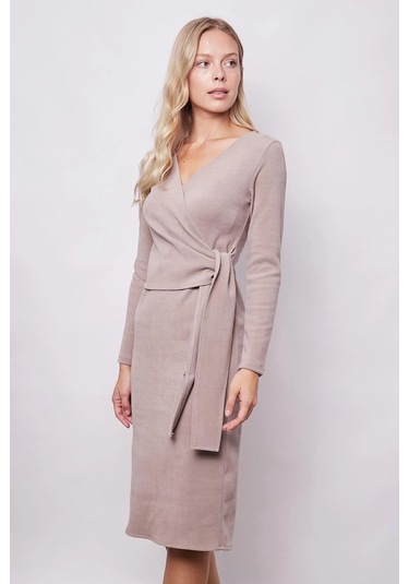 Kadın Hafif Likralı Triko Kruvaze Anvelop Bağcıklı Uzun Kol Diz Altı Uzun Elbise-bej Bej