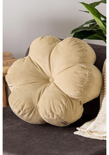 Papatya Bloom Dekoratif Kadife Kırlent- Bej - 40x40 Cm Bej
