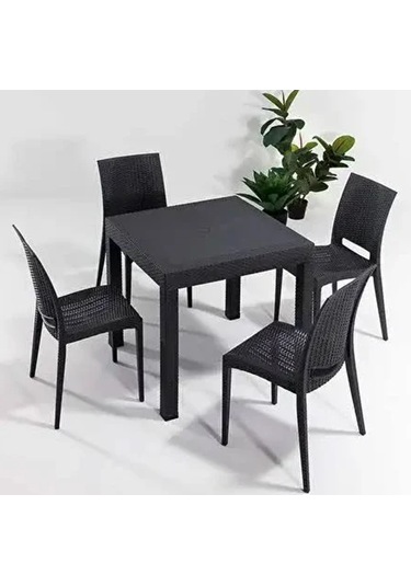 90x90 Cm Rattan 4 Kişilik Kare Masa Seti Kolsuz Sandalye Antrasit
