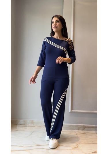 Tua Moda Kadın Uzun Kollu Truvakar Kol Tek Omuz Çapraz Şerit Detaylı Ribanalı Viskon Iki Iplik Bluz Ve Pantolon Ikili Takım Lacivert