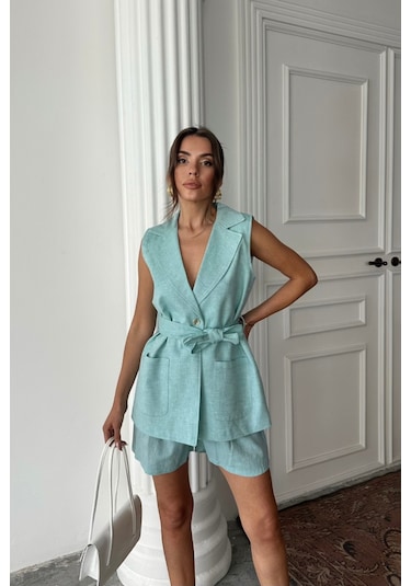 Moderie Butik Keten Yelek - Şort Takım - Mint Mint