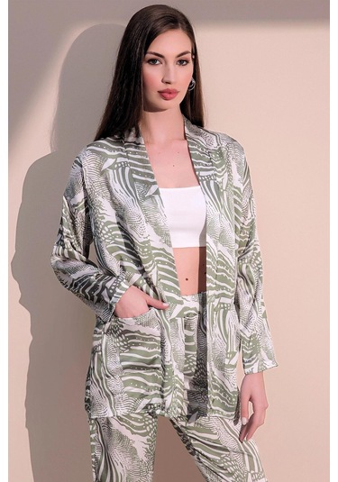 Kadın Haki Safari Desen Yeni Moda Saten Çift Cepli Salaş Kimono Ceket - Tesettüre Uygun Haki