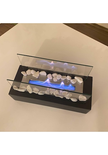 Reyo Faralya Metal Siyah Bioethanol Masaüstü Şömine Sertifikalı Yakıt Ve Taş Hediyeli