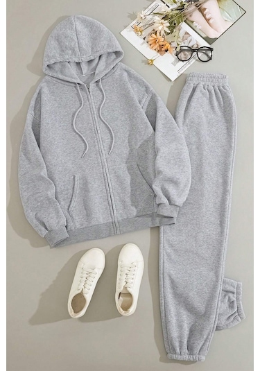 Fermuarlı Ceket Takım Eşofman Takımı Gri