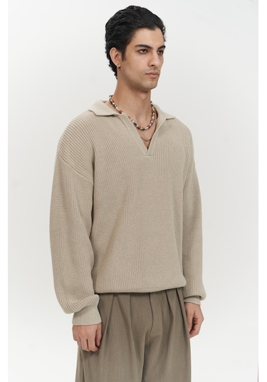 Magnus Polo Yaka Bej Erkek Triko Kazak Bej