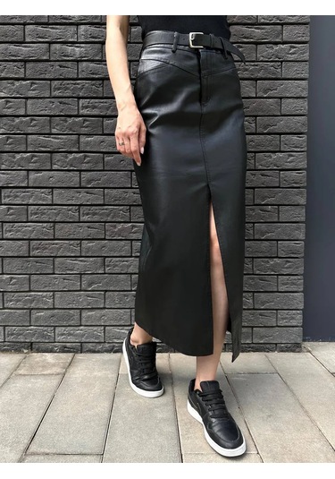 Budad Yırtmaçlı Siyah Deri Maksi Kalem Etek 246347820 Siyah