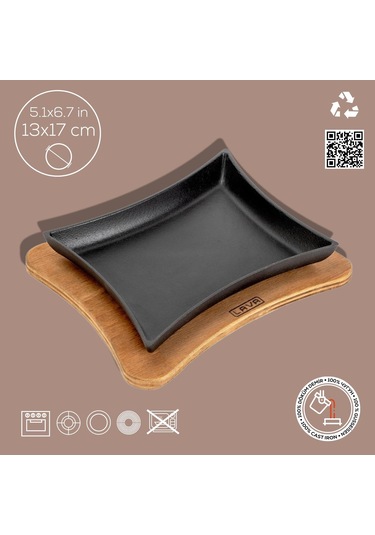 Lava Döküm Dikdörtgen Servis Tabağı Ve Ahşap Altlığı. Ölçü 13x17cm.