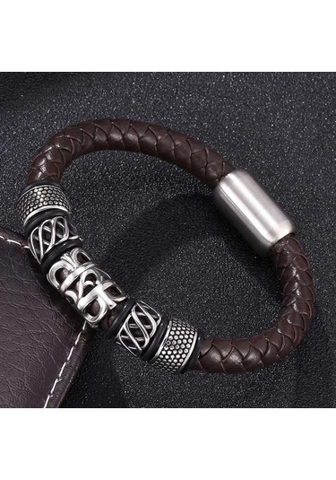 Trend Erkek Bileklik Kahverengi Hakiki Deri Bileklik Charm İle Makrome Tokalı Bilezik Punk Takı Kahverengi