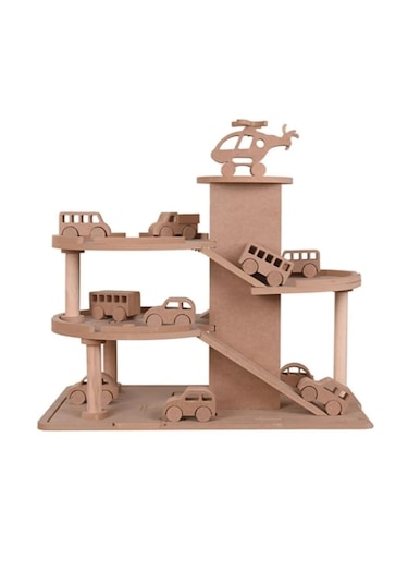 Ahşap Oyuncak Otopark + 6 Adet Oyuncak Araba + 1 Adet Helikopter