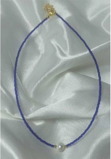 24k Altın Kaplama Gerçek Tek İnci Kum Boncuklu Trend Kolye Mavi Çok Renkli