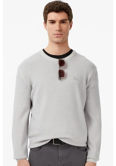 Lacoste Erkek Classic Fit Piramit Örgü %100 Yün Kazak Gri Gri