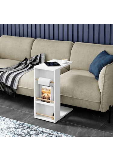 Tekerlekli Yan Sehpa Rulo Havlu Takılabilir Koltuk Sehpası C Sehpa Zigon Sehpa Beyaz