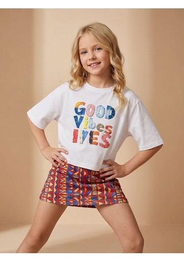 Zekids Kız Çocuk Good Vibes Baskılı Oversize T-shirt-17189 Ekru